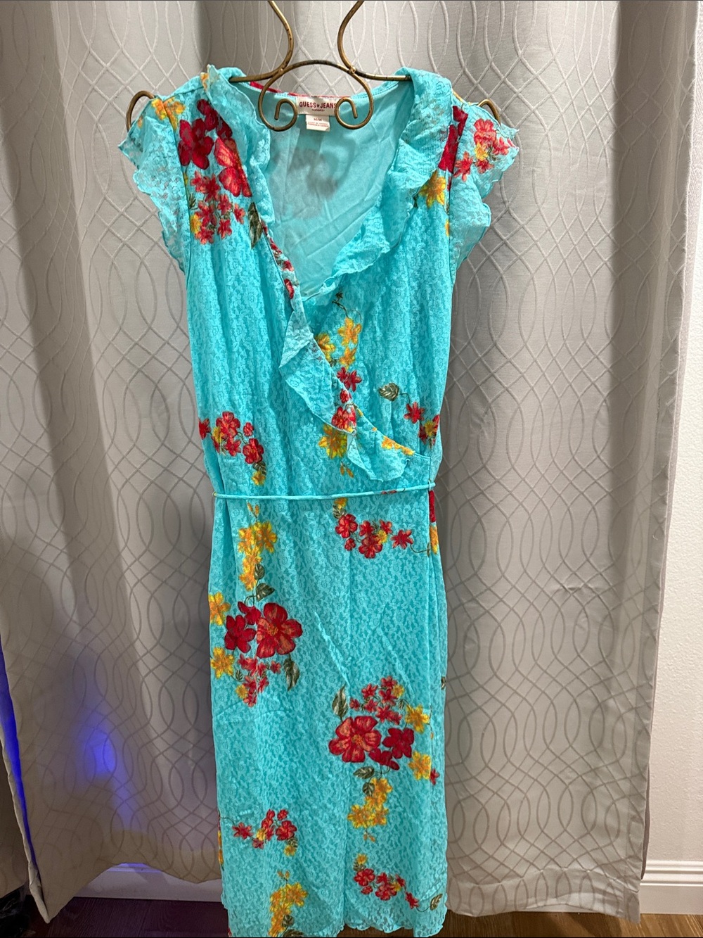 Guess Aqua Floral Ruffle Wrap Midi Dress